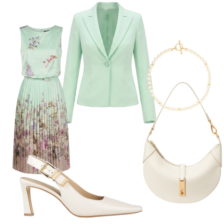 Outfit donna - Verde acqua e fiori. Stile Chic per Cerimonia. Abbinamento con décolleté, vestiti midi/longuette, blazer, borse a spalla, collane.