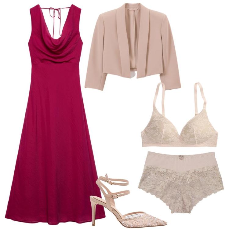 Outfit donna - Arena e rosa. Stile Chic per Cerimonia. Abbinamento con culotte, vestiti lunghi, bolero, décolleté, reggiseni.