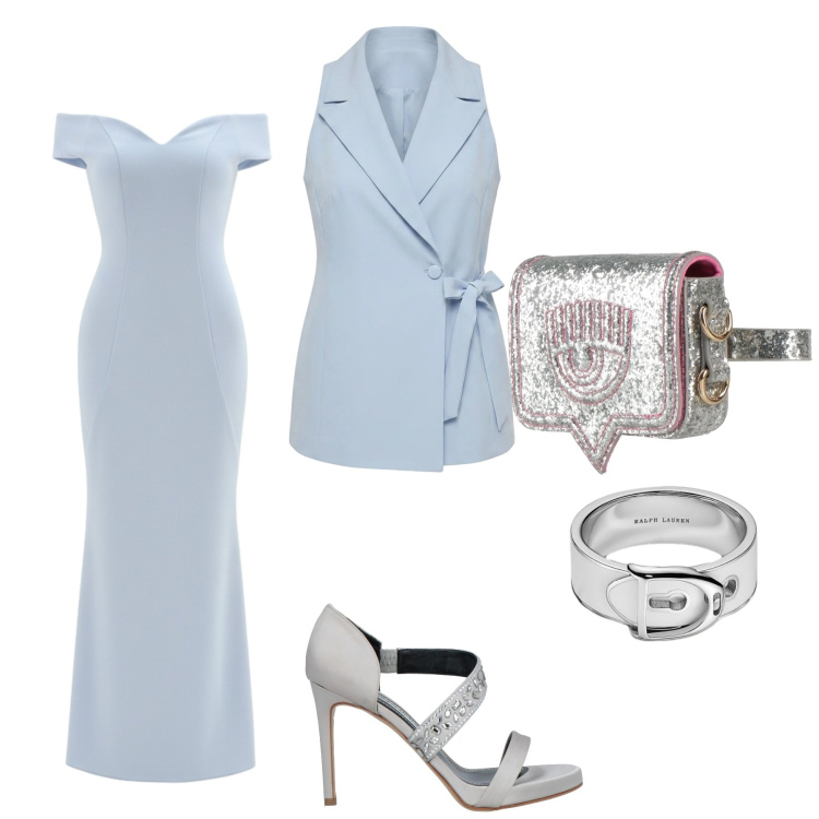 Outfit donna - Argento e celeste polvere. Stile Chic per Cerimonia. Abbinamento con sandali in pelle, marsupi, vestiti lunghi, gilet, anelli.