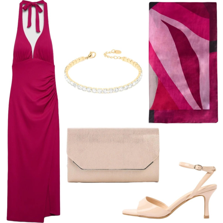 Outfit donna - Fucsia forever. Stile Chic per Serata fuori. Abbinamento con sandali col tacco, pochette, vestiti midi/longuette, foulard, braccialetti.