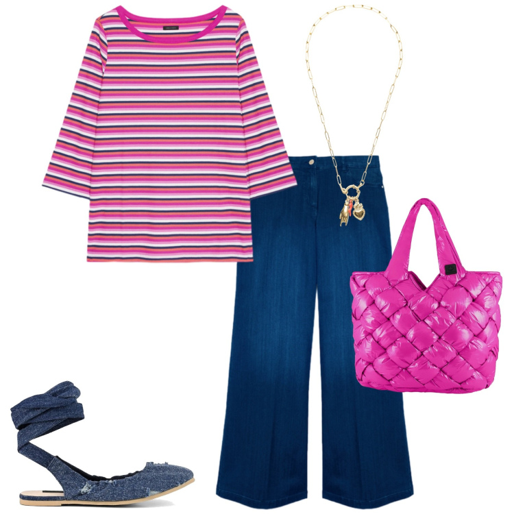 Outfit donna - Look da giornata all\' aperto. Stile Casual chic per Tutti i giorni. Abbinamento con ciondoli, jeans, t-shirt, borse tote, ballerine.