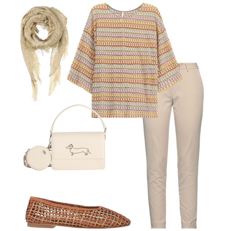 Outfit donna - Look da giornata all\' aperto. Stile Casual chic per Tutti i giorni. Abbinamento con pantaloni, stole, ballerine, borse a tracolla, t-shirt.