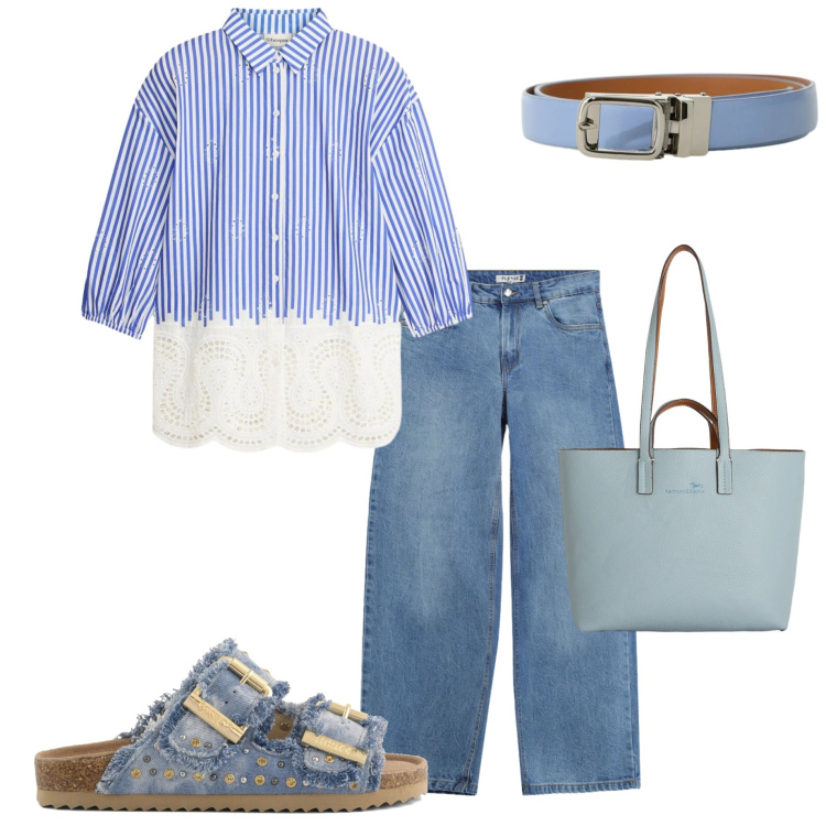 Outfit donna - Look da giornata all\' aperto. Stile Casual chic per Tutti i giorni. Abbinamento con camicie, cinture, shopping bag, jeans, sandali.