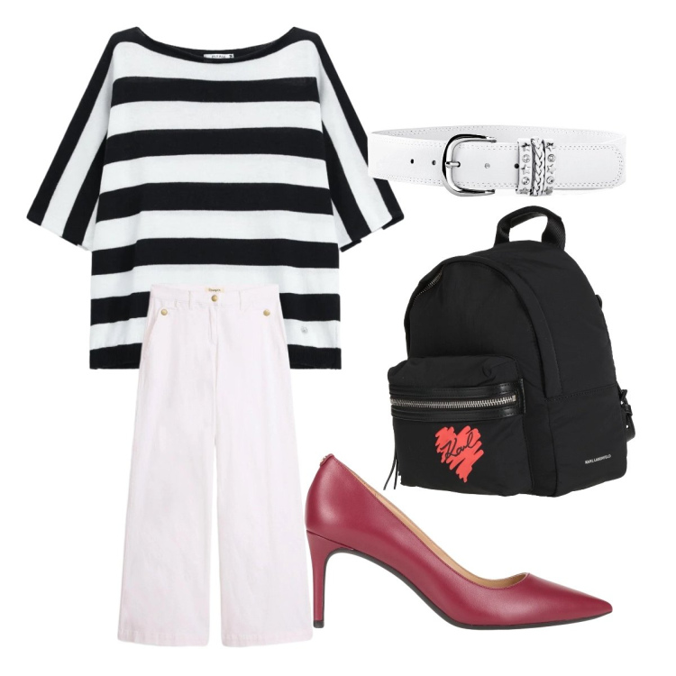 Outfit donna - Cuore e righe. Stile Casual chic per Tutti i giorni. Abbinamento con décolleté, zaini, cinture, pantaloni, top.
