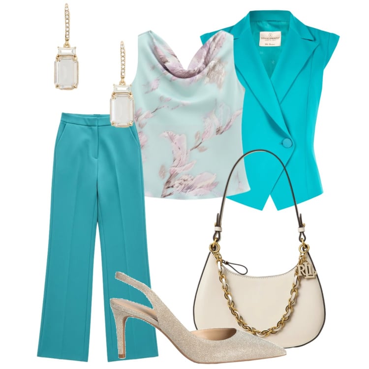 Outfit donna - Rinascimento- evento speciale. Stile Chic per Cerimonia. Abbinamento con décolleté, pantaloni a palazzo, top, gilet, borse a spalla, orecchini.