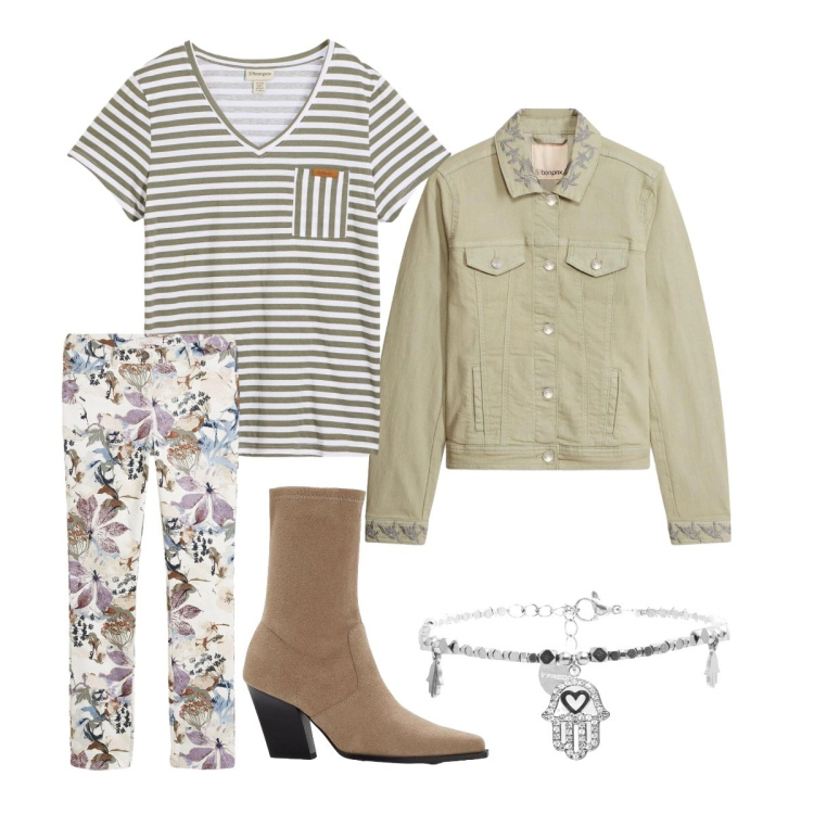 Outfit donna - Righe e fiori. Stile Trendy per Tutti i giorni. Abbinamento con stivaletti, pantaloni, cappotti, t-shirt, braccialetti.