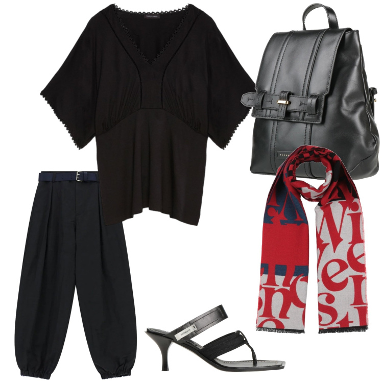 Outfit donna - Rosso e nero con grinta. Stile Glamour per Tutti i giorni. Abbinamento con ciabatte, sciarpe, zaini, pantaloni, t-shirt.