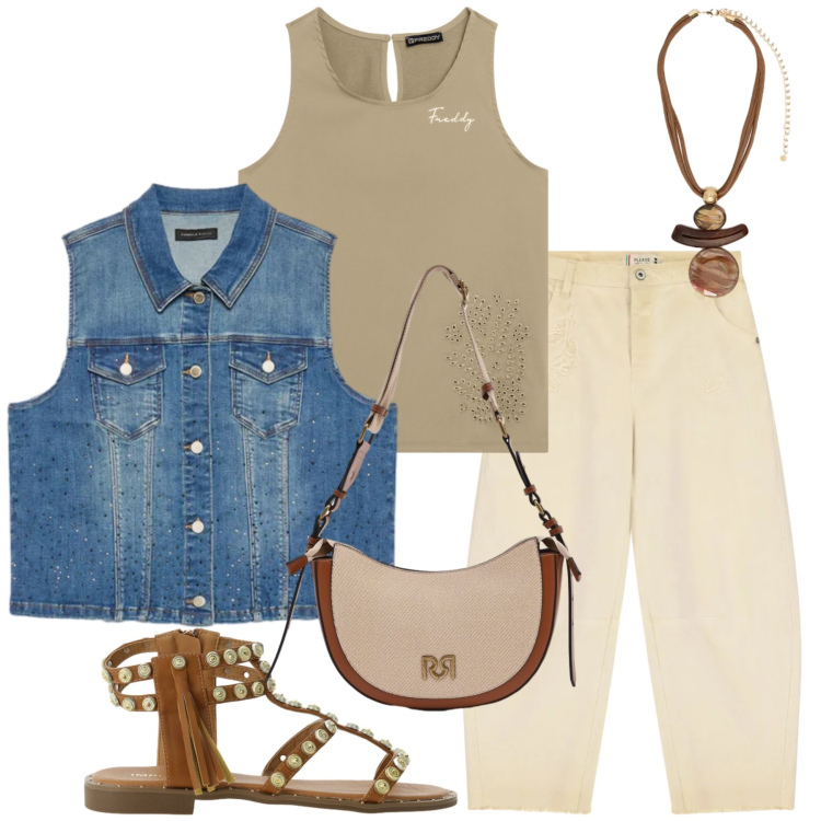 Outfit donna - Total look #2403704. Stile Casual chic per Tutti i giorni. Abbinamento con sandali, pantaloni, top, borse a tracolla, ciondoli, gilet.