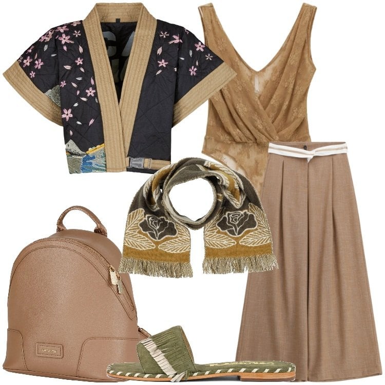 Outfit donna - Stampe che raccontano Donna Curvy. Stile Etnico per Serata fuori. Abbinamento con zaini, sciarpe, pantaloni a palazzo, top, kimono, ciabatte.