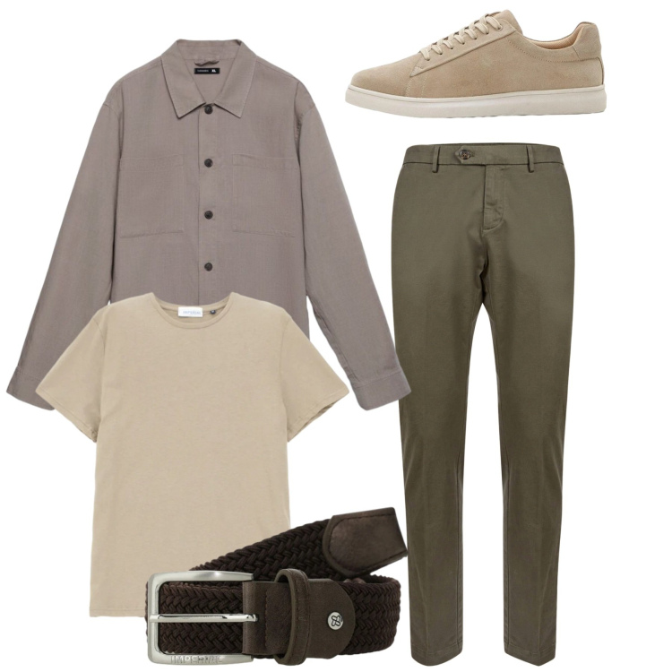 Outfit uomo - Total look. Stile Casual per Tutti i giorni. Abbinamento con sneakers, cappotti, t-shirt, cinture, pantaloni chino.
