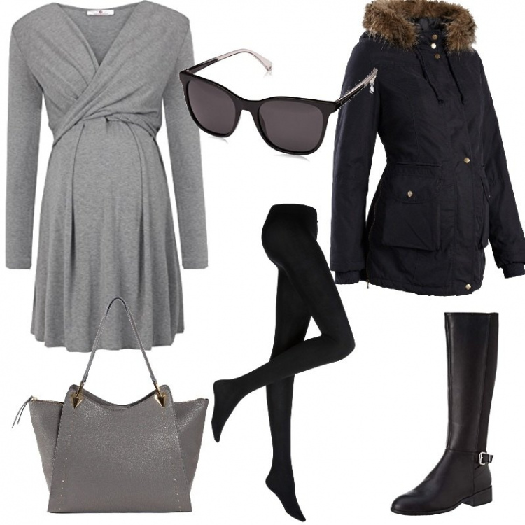 Outfit donna - Pancione al caldo. Stile Trendy per Ufficio. look ideale per Premaman. Abbinamento con collant, giacca premaman con cappuccio, shopping bag grigio, vestito melange grigio, stivali nero, occhiali da sole nero e grigio.