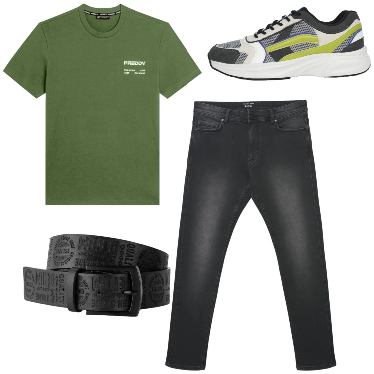 Outfit uomo - Total look. Stile Casual per Tutti i giorni. Abbinamento con cinture, sneakers, jeans skinny, t-shirt.