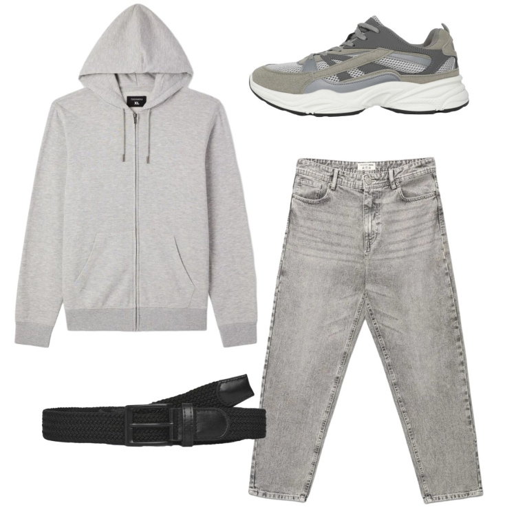 Outfit uomo - Total look. Stile Casual per Tutti i giorni. Abbinamento con cinture, sneakers, jeans, felpe con cappuccio.