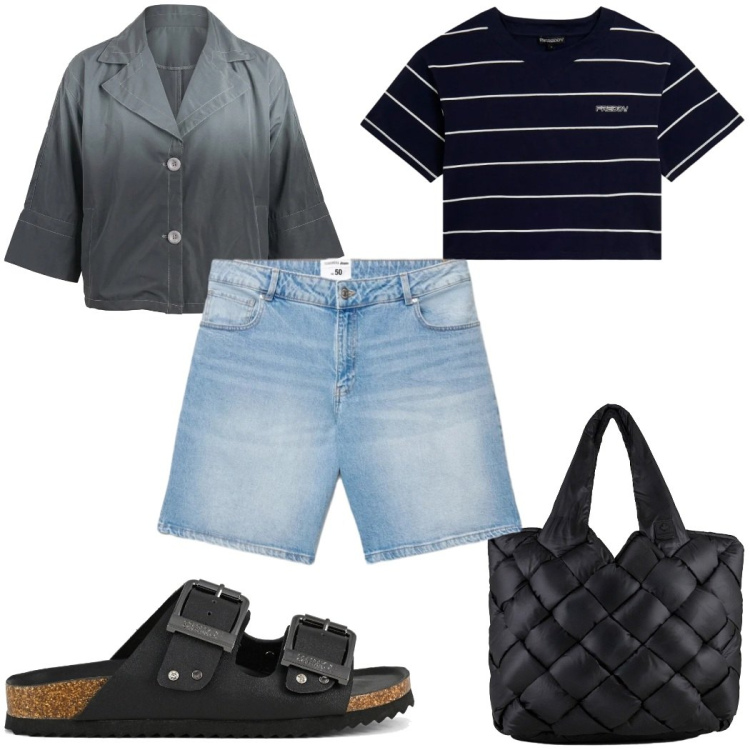 Outfit donna - Total look #2403728. Stile Trendy per Tutti i giorni. Abbinamento con shorts, borse tote, cappotti, t-shirt, sandali.