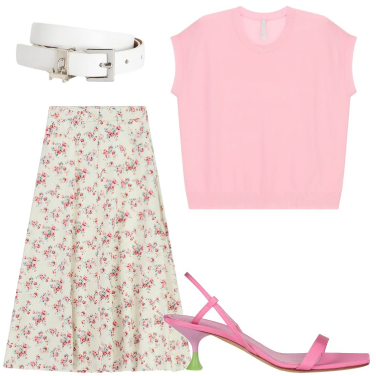 Outfit donna - Glamour. Stile Glamour per Serata fuori. Abbinamento con sandali in pelle, gonne lunghe, top, cinture.