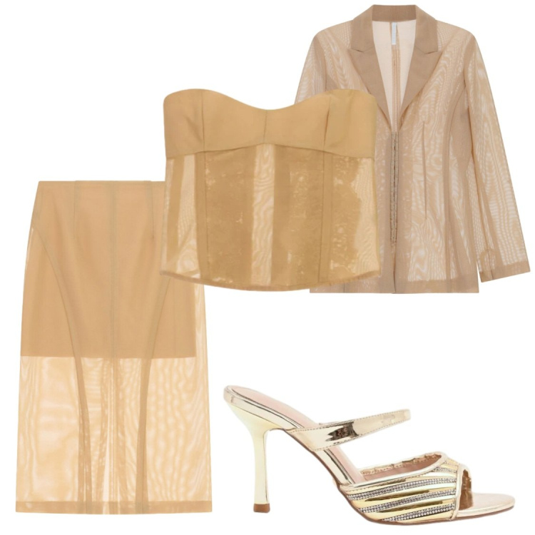 Outfit donna - Glamour. Stile Glamour per Serata fuori. Abbinamento con top, blazer, gonne longuette, sabot.
