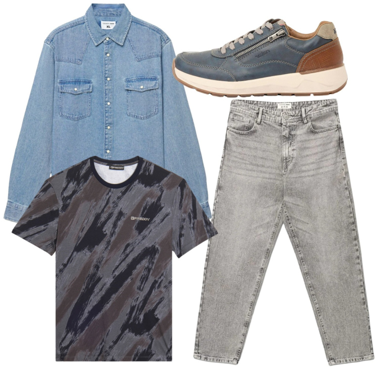 Outfit uomo - Total look. Stile Urban per Tutti i giorni. Abbinamento con sneakers, jeans, camicie, t-shirt.