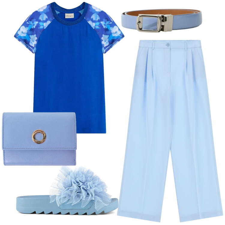 Outfit donna - Total look #2403738. Stile Basic per Tutti i giorni. Abbinamento con t-shirt, pantaloni a palazzo, cinture, portafogli, ciabatte.