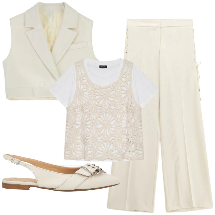 Outfit donna - Mannisch. Stile Mannish per Serata fuori. Abbinamento con ballerine, gilet, pantaloni, t-shirt.