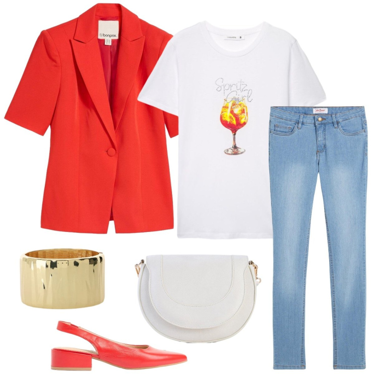 Outfit donna - Aperitivo. Stile Casual chic per Serata fuori. Abbinamento con blazer, jeans skinny, borse a tracolla, décolleté, t-shirt, braccialetti.