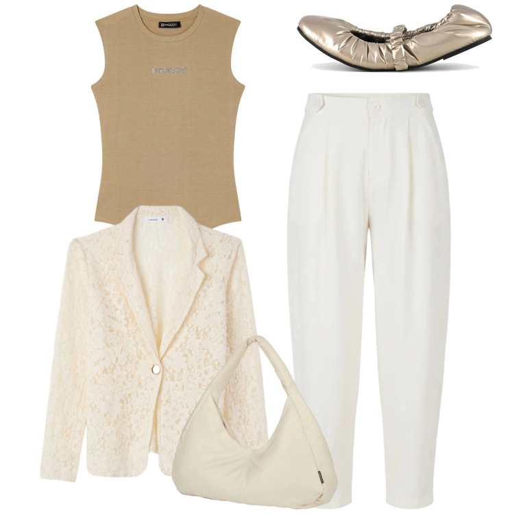 Outfit donna - Total look. Stile Bon Ton per Tutti i giorni. Abbinamento con blazer, pantaloni, top, borse a spalla, ballerine.