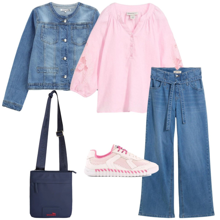 Outfit donna - Passeggiata. Stile Casual per Tutti i giorni. Abbinamento con tuniche, jeans, borse a tracolla, blazer, sneakers.