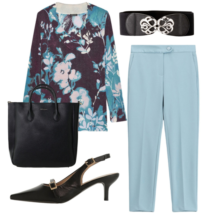 Outfit donna - Total look #2403746. Stile Basic per Ufficio. Abbinamento con cinture, pantaloni, sandali col tacco, borse a tracolla, maglieria.