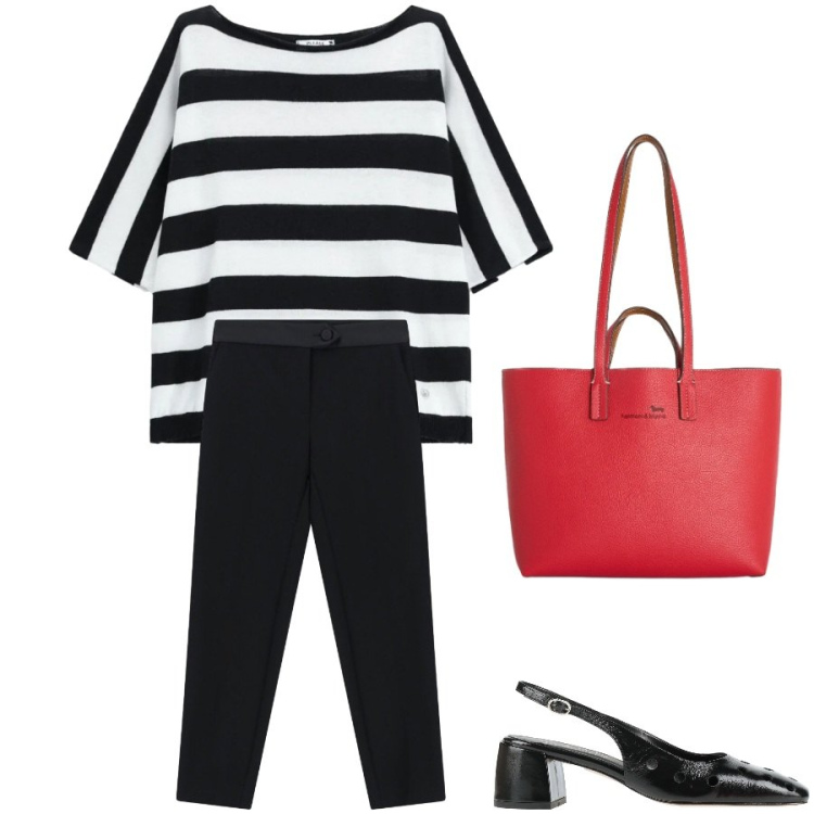 Outfit donna - Alla francese. Stile Casual chic per Tutti i giorni. Abbinamento con décolleté, shopping bag, top, pantaloni.