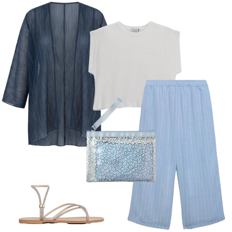 Outfit donna - Total look #2403749. Stile Casual chic per Tutti i giorni. Abbinamento con pochette, sandali, pantaloni a palazzo, top, blazer.