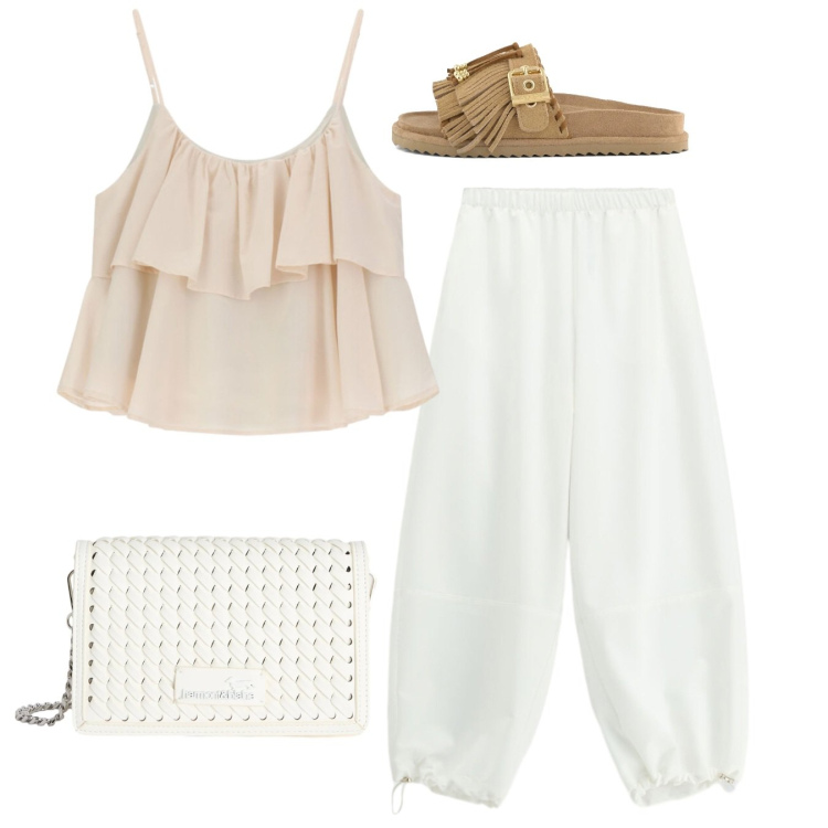 Outfit donna - Total look. Stile Casual per Tutti i giorni. Abbinamento con pantaloni, borse a tracolla, top, sandali in pelle.