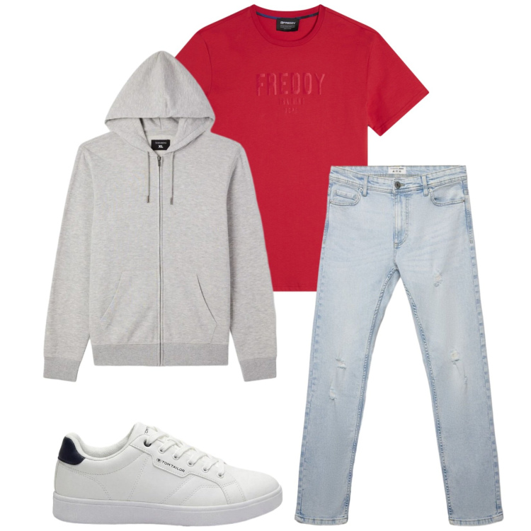 Outfit uomo - Total look #2403755. Stile Casual per Tutti i giorni. Abbinamento con sneakers, jeans strappati, felpe con cappuccio, t-shirt.