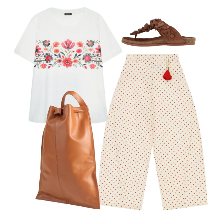 Outfit donna - Total look. Stile Casual per Tutti i giorni. Abbinamento con infradito, zaini, pantaloni, t-shirt.