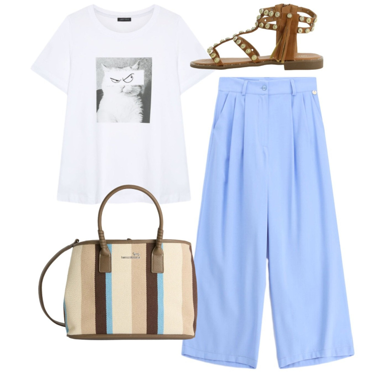 Outfit donna - Total look. Stile Bon Ton per Tutti i giorni. Abbinamento con sandali, pantaloni a palazzo, shopping bag, t-shirt.