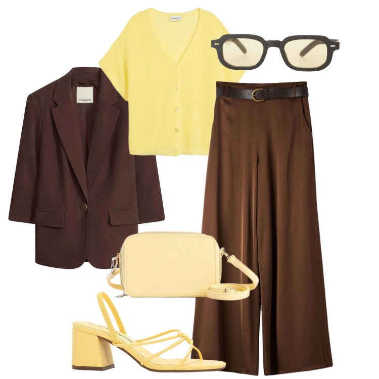 Outfit donna - Cioccolato e canarino. Stile Glamour per Ufficio. Abbinamento con blazer, sandali col tacco, cardigans, borse a tracolla, pantaloni, occhiali da sole.