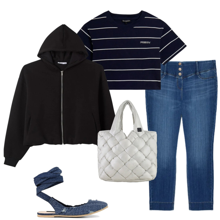 Outfit donna - Total look #2403759. Stile Casual per Tutti i giorni. Abbinamento con felpe con cappuccio, t-shirt, jeggings, borse tote, ballerine.