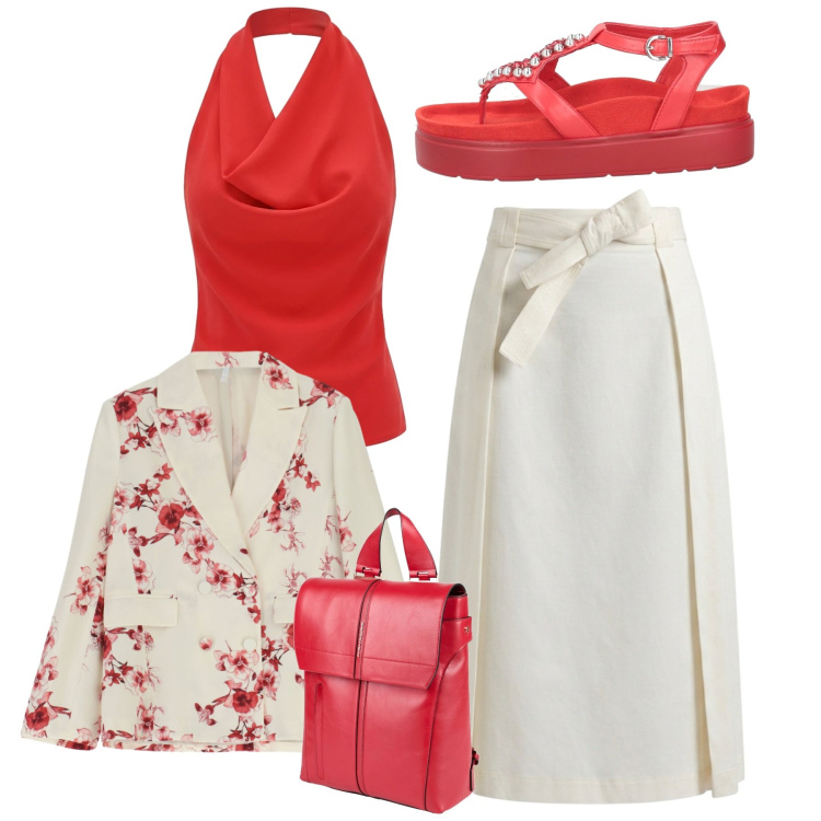 Outfit donna - Total look. Stile Romantica per Tutti i giorni. Abbinamento con ciabatte, zaini, canottiere, blazer, gonne longuette.