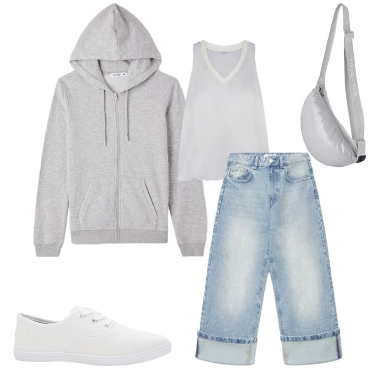 Outfit donna - Total look #2403761. Stile Basic per Tutti i giorni. Abbinamento con sneakers, jeans, felpe con cappuccio, top, borse a tracolla.