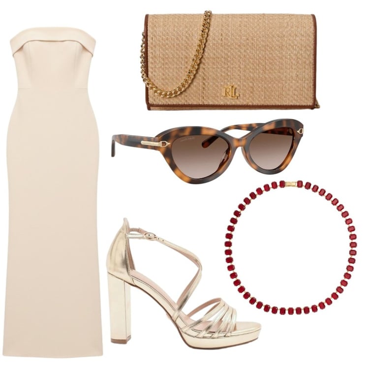 Outfit donna - Total look #2403770. Stile Glamour per Cerimonia. Abbinamento con vestiti lunghi, sandali col tacco, occhiali da sole, collane, borse a tracolla.
