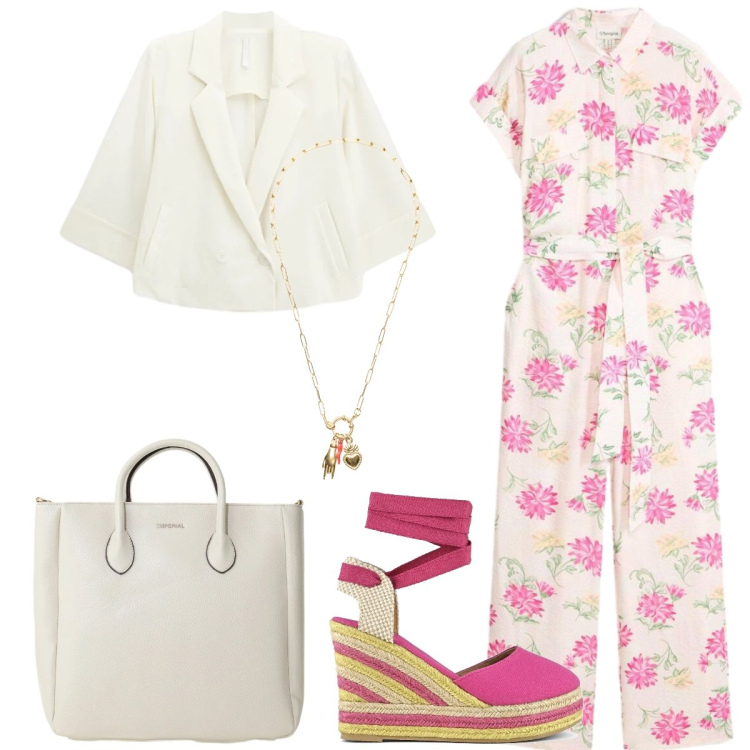 Outfit donna - In città. Stile Casual chic per Tutti i giorni. Abbinamento con tute, blazer, borse a tracolla, ciondoli, espadrillas.