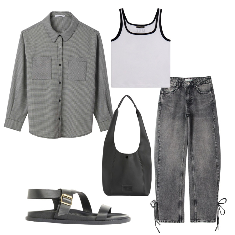 Outfit donna - Total look #2403781. Stile Trendy per Tutti i giorni. Abbinamento con sandali, camicie, jeans, borse a spalla, canottiere.