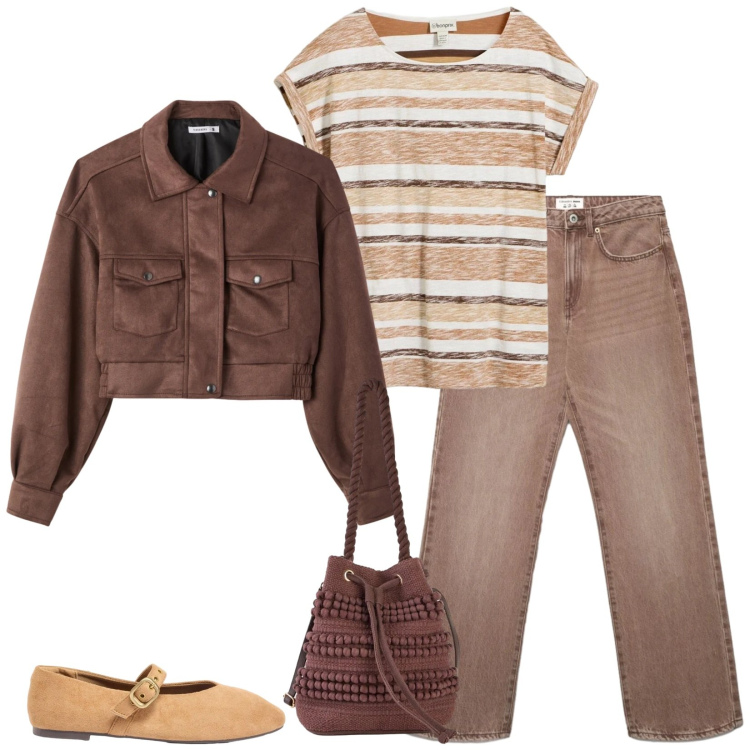 Outfit donna - Total look #2403786. Stile Casual per Tutti i giorni. Abbinamento con t-shirt, ballerine, borse a secchiello, jeans dritti, bomber.