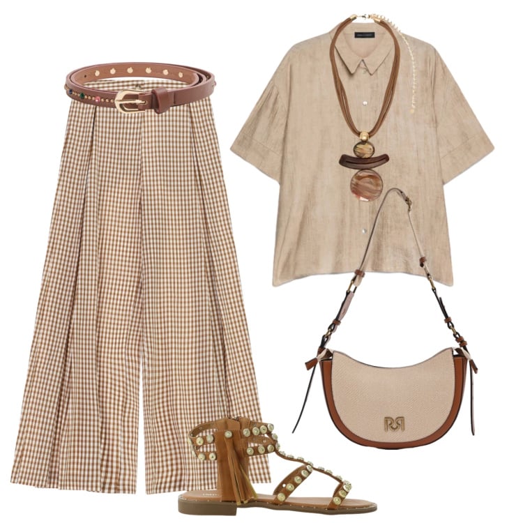 Outfit donna - Passeggiata in città. Stile Trendy per Tutti i giorni. Abbinamento con cinture, pantaloni a palazzo, sandali, borse a tracolla, ciondoli, camicie a manica corta.