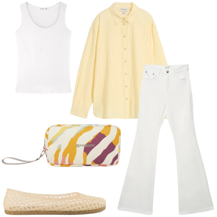 Outfit donna - Total look #2403791. Stile Casual chic per Tutti i giorni. Abbinamento con camicie, top, jeans a zampa, valigie, ballerine.