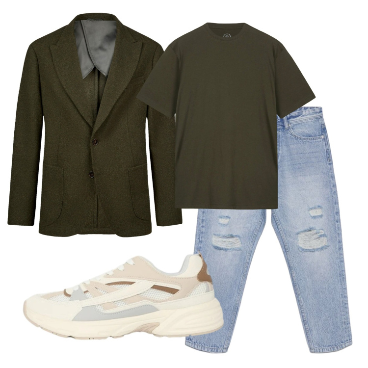 Outfit uomo - Total look #2403795. Stile Trendy per Tutti i giorni. Abbinamento con sneakers, jeans strappati, t-shirt, giacche.