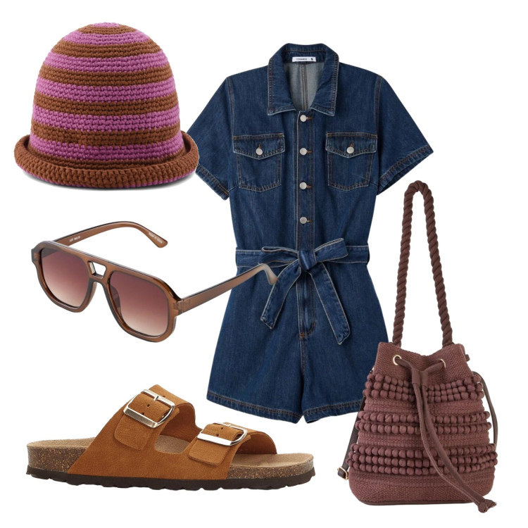 Outfit donna - Total look #2403802. Stile 70s per Tutti i giorni. Abbinamento con ciabatte, occhiali da sole, borse a secchiello, tuta corta, cappelli.