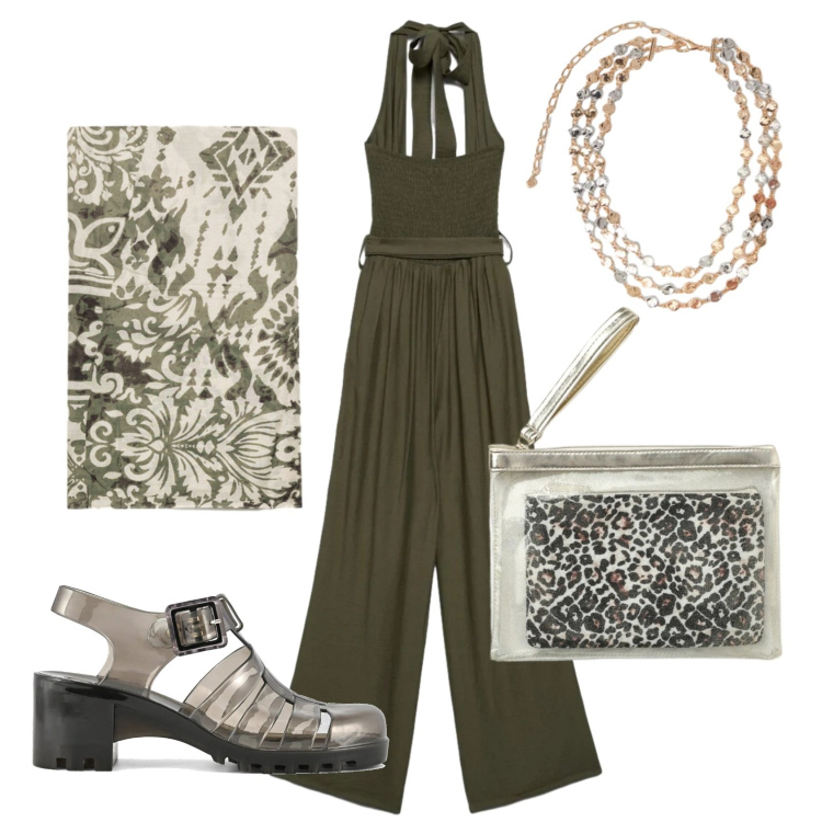 Outfit donna - Total look #2403803. Stile Trendy per Tutti i giorni. Abbinamento con tute, pochette, collane, foulard, sandali col tacco.