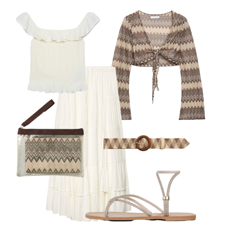 Outfit donna - City boho. Stile Boho per Tutti i giorni. Abbinamento con gonne lunghe, cinture, sandali, pochette, blazer, top.