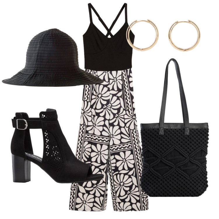 Outfit donna - Total look #2403811. Stile Etnico per Mare. Abbinamento con cappelli, orecchini, sandali col tacco, tute, shopping bag.