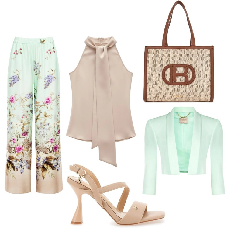 Outfit donna - Total look #2403815. Stile Chic per Cerimonia. Abbinamento con pantaloni a palazzo, top, bolero, borse a spalla, sandali col tacco.