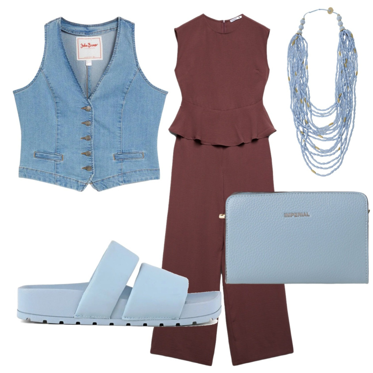 Outfit donna - Total look #2403816. Stile Casual chic per Tutti i giorni. Abbinamento con gilet, tute, borse a tracolla, collane, ciabatte.
